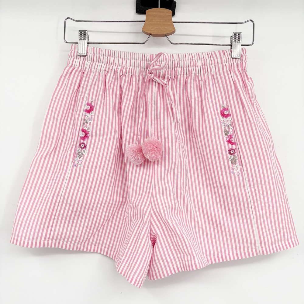Odette Womens Pink Striped Linen Blend Floral Sequin Boho Pom Pom‎ Shorts Size M